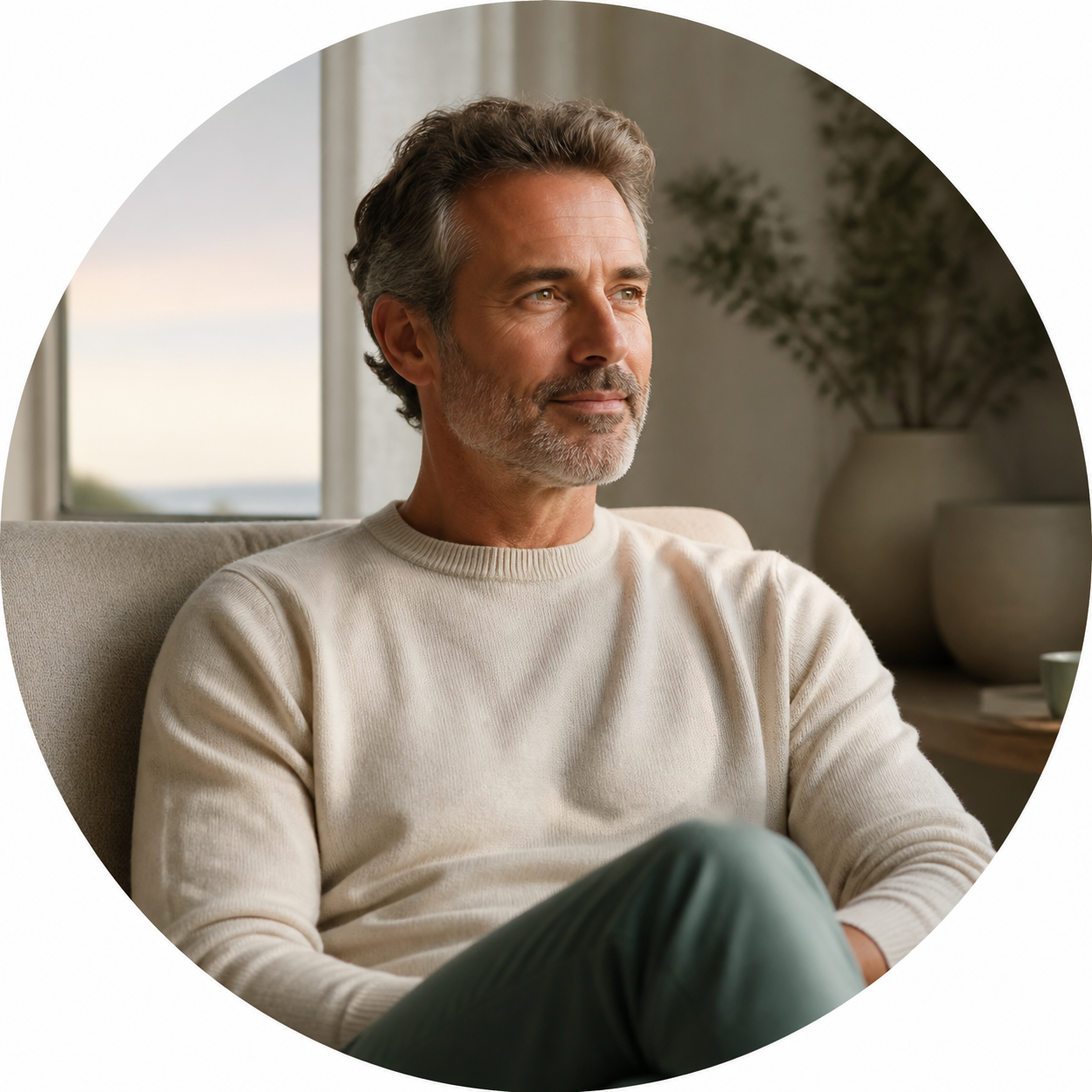 Homem em ambiente sereno representando descanso e recuperação